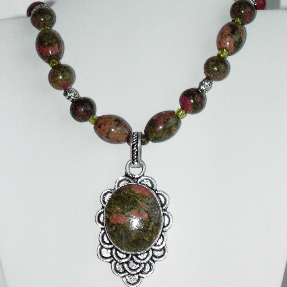 Natural Unakite Silver plated 18" necklace (#238)